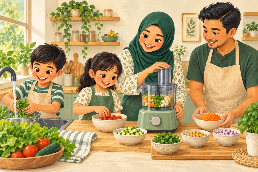Keluarga menyediakan makanan bersama menggunakan robot dapur